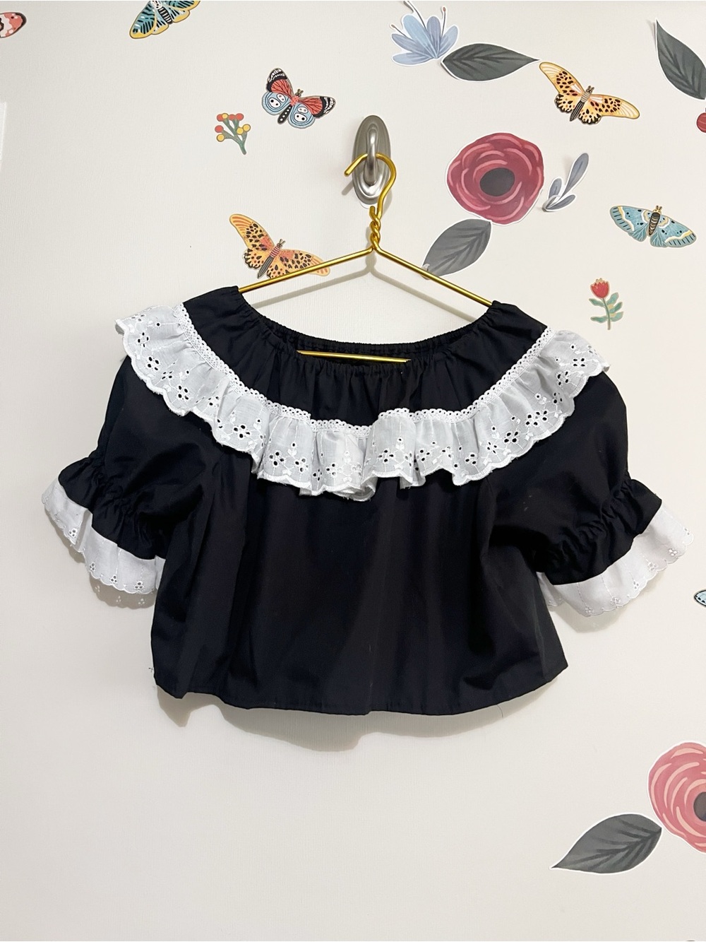 Vintage Black Eyelet Ruffle Off-Shoulder Blouse M